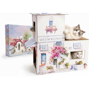 Extra Large & Durable 2-Level Cardboard Cat Scratcher House – Meowkonos Santorini Greece Villa, Cave Hideout, Indoor Cat Bed, Cat Scratch Pad, Kitten Play Tower, Cat Furniture Condo