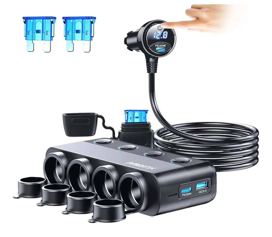Cigarette Lighter Splitter Adapter 216W 4 Socket Heavy Duty Truck Car USB Chager Multi Port with PD30W/QC3.0 Charge USB C 12V/24V Independent Switches & Dust Cover & Waterproof for Car Devices