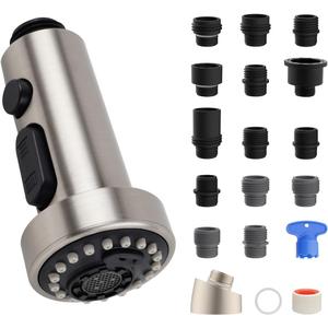 Hibbent Pull Down Kitchen Faucet Head Replacement, 3 Function Sink Faucet Sprayer Head Nozzle with 15 Adapters, Compatible with Moen, American Standard, Delta, Kohler Faucets, Brushed Nickel