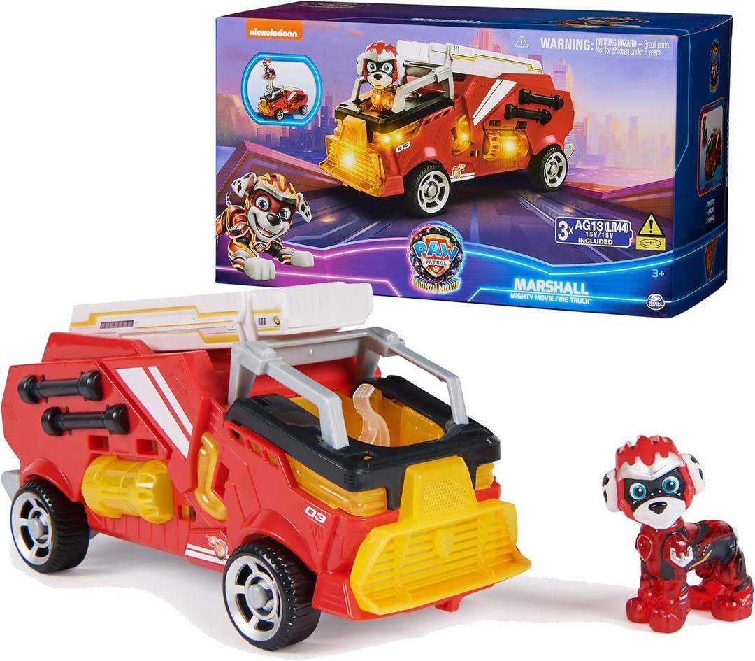 Paw Patrol: The Mighty Movie, Firetruck Toy with Marshall Mighty Pups Action Figure, Lights and Sounds, Kids Toys for Boys & Girls 3+ (Red)