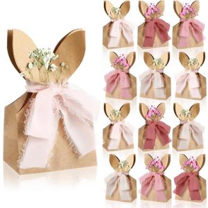Affrolling 24 Set Boho Bow Easter Bunny Party Favor Bags DIY Bunny Gift Boxes with Neutral Bow Ribbon and Dried Flowers Rustic Paper Rabbit Ears Treat Bags Bulk for Easter Spring (Pink)
