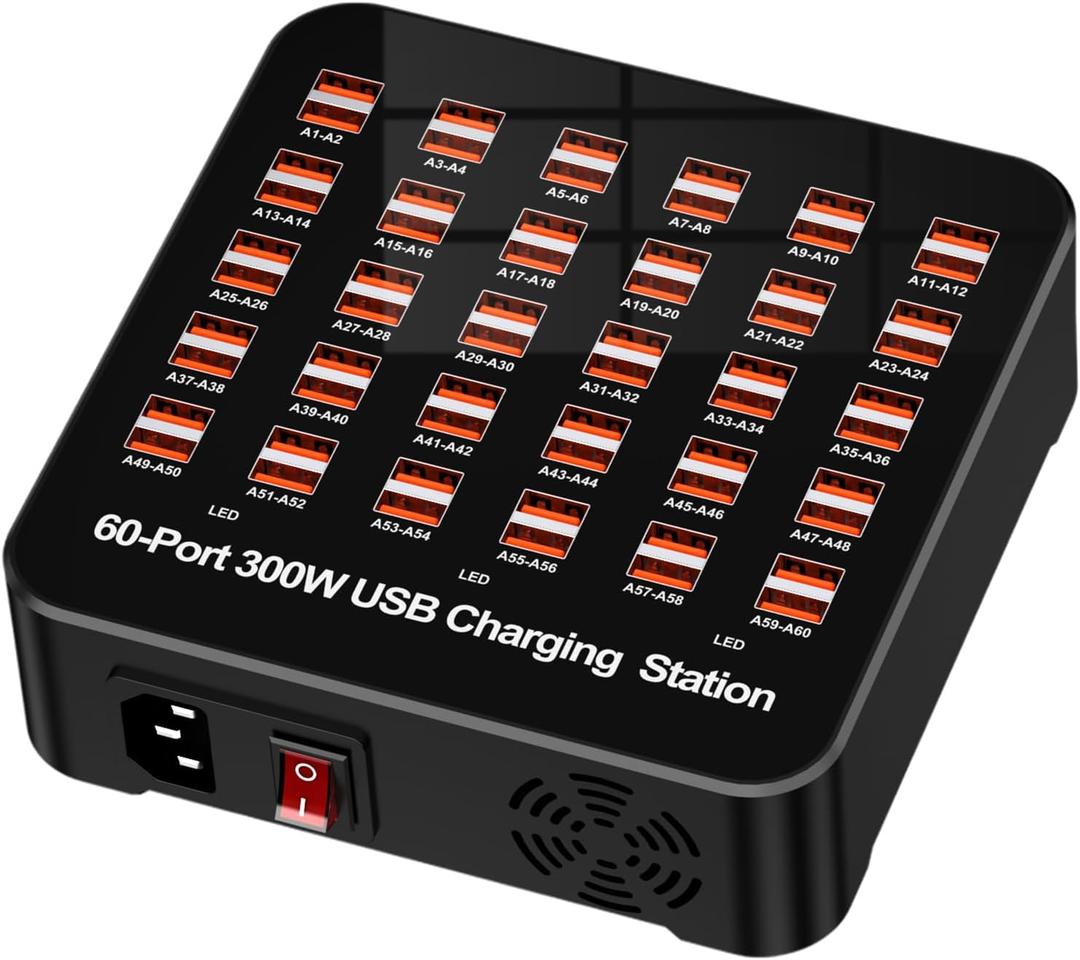 USB Charger USB Charging Station for Multiple Devices 300W (60A) 60 Ports Wall Charger Charging Hub Desktop Fast Charging Block Compatible with iPhone iPad Laptop Smartphones