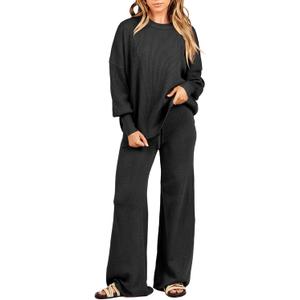 ANRABESS Womens 2 Piece Outfits Fall Lounge Set 2025 Oversized Chunky Knit Sweater Top Wide Leg Pants Loungewear Clothes Black, Medium