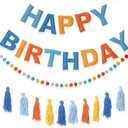 Pre-Strung Happy Birthday Banner Blue and Orange Party Decorations Felt Ball Garland Sign for Blue Dog Birthday Party Décor