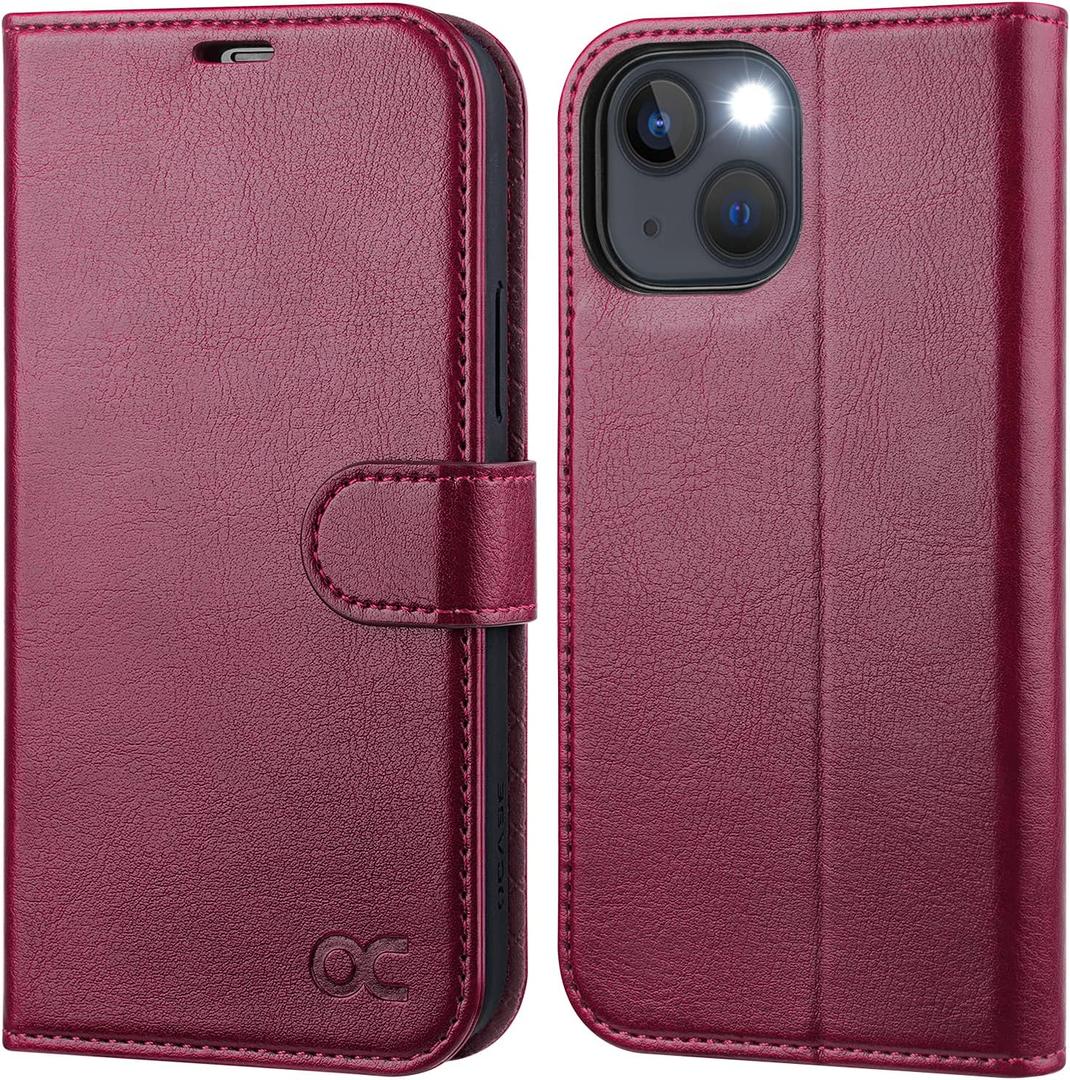 OCASE Compatible with iPhone 13 Wallet Case, PU Leather Flip Folio Case with Card Holders RFID Blocking Kickstand [Shockproof TPU Inner Shell] Phone Cover 6.1 Inch 2021 (Burgundy)