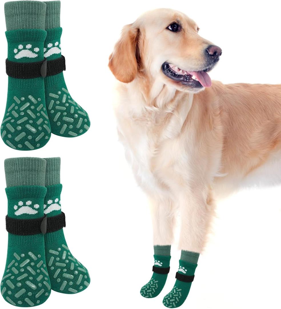 SCENEREAL Dog Socks to Prevent Licking Paws for Hot/Cold Pavement, Anti Slip High Top Dog Grip Socks for Hardwood Floors, Dog Shoes Booties&Paw Protector for Small Medium Large Senior Dog, Green L (L(Pack of 4))