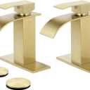 Bathroom Faucets Brushed Gold Waterfall Bathroom Sink Faucet Modern Single Handle Bathroom Faucet for 1 or 3 Hole Mxier Tap Washbasin Faucet with Deck, Pop-up Drain and Supply Hoses 2 Pack