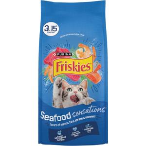 Purina Friskies Dry Cat Food Seafood Sensations With Salmon, Tuna, and Shrimp Flavors - (Pack of 4) 3.15 lb. Bags, BBD 10/2027