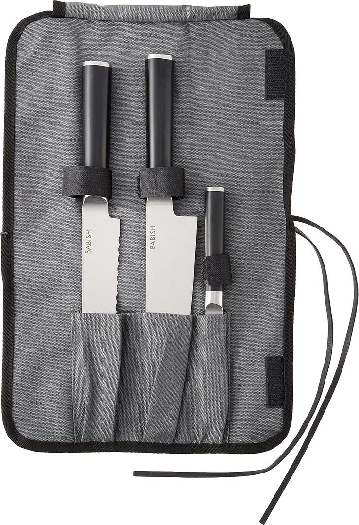 German High-Carbon Steel Cutlery 3-Piece (Chef Knife Bread Pairing Knife) W/Knife Roll Black Stainless 4 Piece