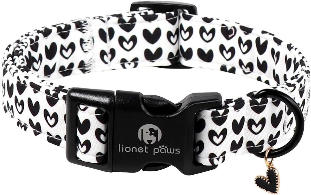 Lionet Paws Valentine's Day Dog Collars - Black Hearts White Dogs Collar with Plastic Buckle andHeart Pendant,Dog Collar for Medium Large Dogs