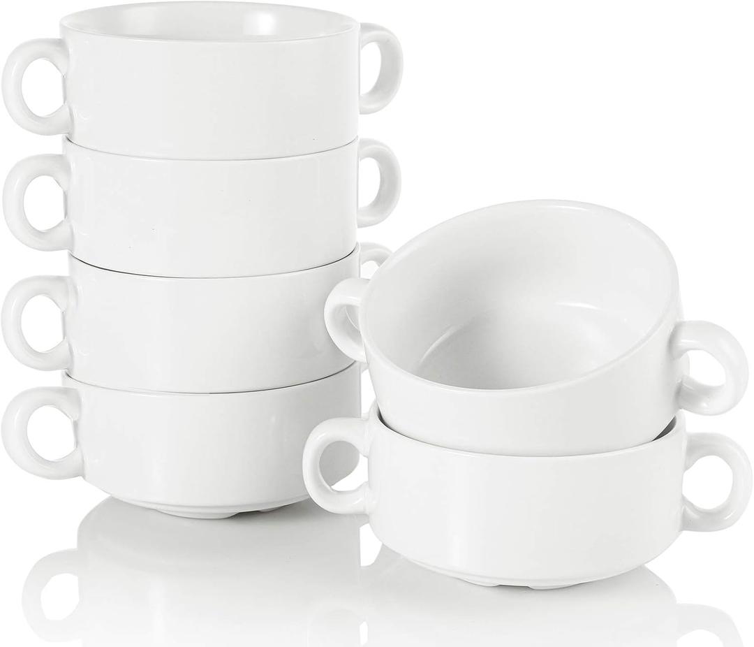 Foraineam Porcelain Bowls with Double Handles 10 Ounce White French Onion Soup Crocks Round Stackable Bowls for Soup, Cereal, Oatmeal, Set of 6