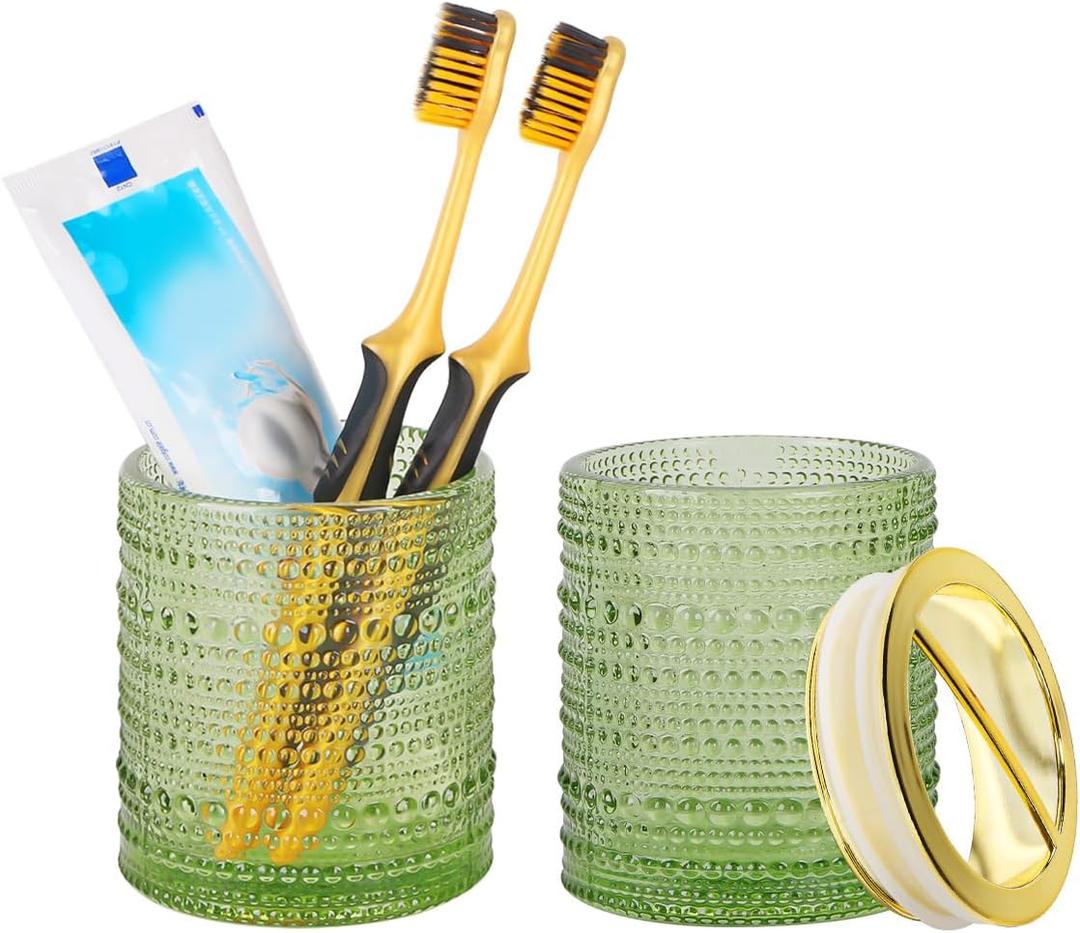 Green Toothbrush Holders,2pcs Glass Toothbrush Holder Set,Clear 10oz Bathroom Tumbler,Gold Toothbrush and Toothpaste Cup Holder Storage Organizer for Bathroom Accessories