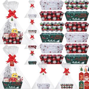 Cholemy 96 Pcs 24 Sets Large Christmas Basket for Gift Empty Bulk 10 x 8'' Gift Basket to Fill with Handles Sturdy Cardboard Box with Xmas Cards Packages Wrapping Bow for Holiday Xmas Party(Creative)