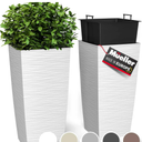 Mueller M-Resin Heavy Duty Tall Planters for Outdoor Plants, Indoor Grande Plant Pots, Boxes, Trees, Flower Pots, 2-Piece Set, 18”, Modern Design, Built-in Drainage, Front Porch Decor, White