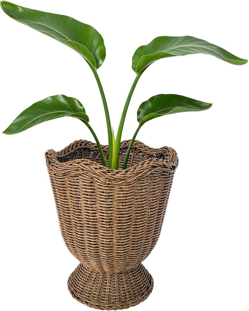Rattan Planter, Woven Planter Basket for Plants Indoor Outdoor, Rattan Flower Pot, Decorative Plant Holder Basket for Garden Patio Boho Home Decor(Brown&Scalloped-Small:11.81" H x 9.84" W)