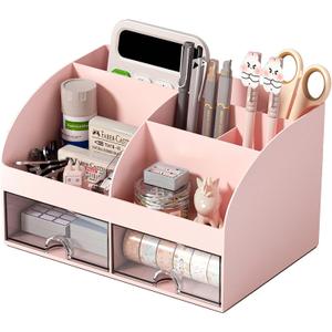 COMFYROOM Desk Organizer with 6 Compartments and 2 Drawers, Plastic Makeup Organizer, Pen Holder for Desktop Storage, Desk Organization for School, Home, Office Supplies (Pink)