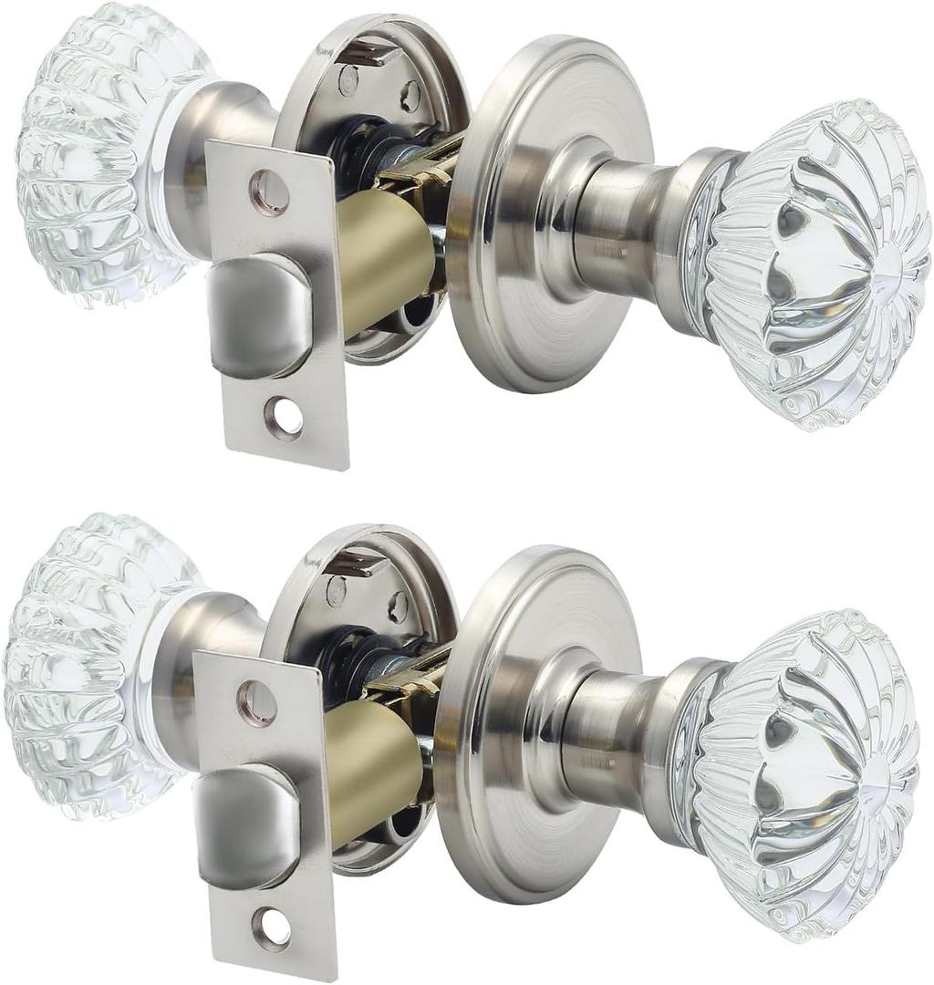 Crystal Door Knobs 2 Pack Glass Doorknobs for Bed Bath Clear Glass Privacy Interior Door Locks Handles Satin Nickel, Privacy