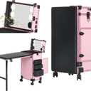 Rolling Portable Manicure Table with 3 Drawers, Lockable Makeup Train Case with Mirror, Foldable Nail Desk with Wheels & Handle, Mesa de Uas Profesional para Nail Techs & Salon Use, Pink