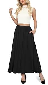 Yincro Womens Maxi Skirt Casual Flowy Elastic High Waist Long Skirts with Pockets (Black, 2XL)