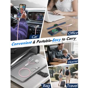 2Pack Multi Fast Charging Cable for Travel Vacation Essentials,Apple Watch Charger,iPhone Charger[3-in-2] USB A/Type C/Lightning Cable for iWatch,iPhone 16-11,Nintendo Switch,Airpods,Car,Camping-Pink