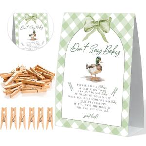 Don't Say Baby Shower Game, Baby Shower Clothes Pin Game, Mallard Duck Green Bow Sign and 50 Clothespins, Duck Hunting Gender Reveal Activities, Fun Gender Reveal Games Decoration Party Supplies, 20