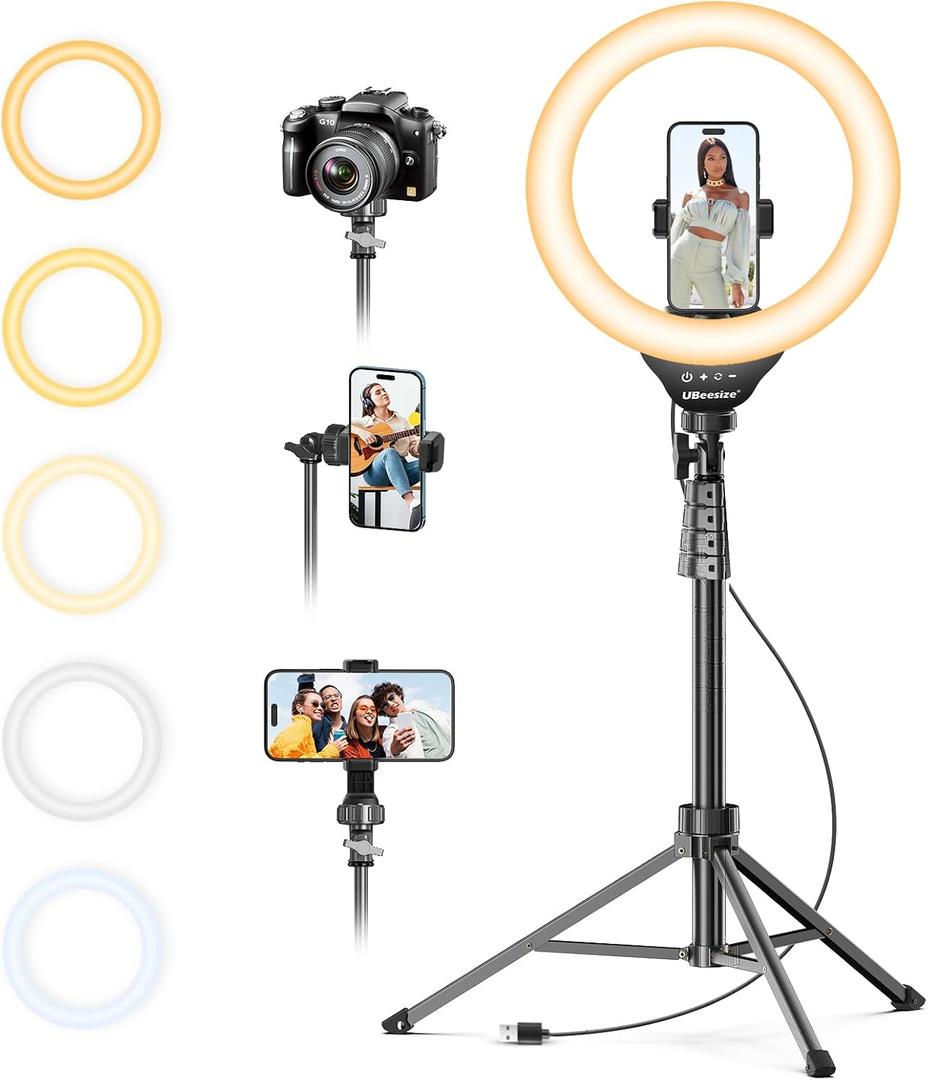 UBeesize 12'' LED Ring Light with 62'' Tripod Stand, Selfie Ring Light for Video Recording, Live Streaming, TikTok & YouTube, Compatible with iPhone & Android (Black)