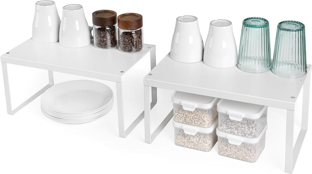Nxconsu 2Pack Cabinet Shelf Expandable Stackable Organizer Riser for Kitchen Cabinet Pantry Cupboard Under Sink Countertop Organization Accessories Storage Space Saver Multi-Function Metal White