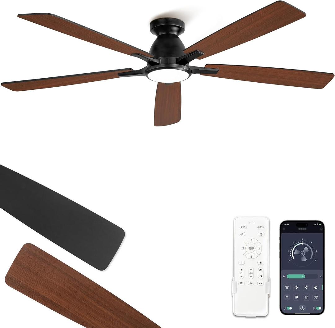Fanbulous 60 inch Ceiling Fans with Lights, Smart Flush Mount Ceiling Fan and Remote APP, Modern Low Profile, 3CCT 20W LED with 6-Speeds Quiet Reversible Motor for Bedroom, Living Room, Kitchen, Black