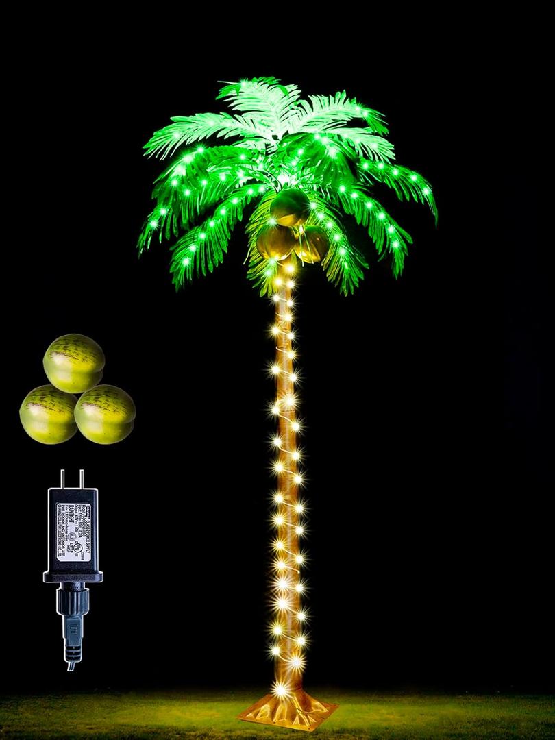5 FT LED Lighted Palm Tree with Coconuts Outdoor Artificial Palm Tree Prelit Christmas Tree Tropical Palm Tree Lights for Home Patio Pool Hawaiian Luau Jungle Party Tiki Bar Indoor Decoration (5 FT, Warm White)