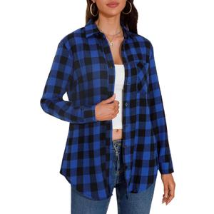 GUANYY Womens Plaid Shirts Button Down Flannel Shirts Long Sleeve Lightweight Shackets Business Casual Blouse (Blue, M)