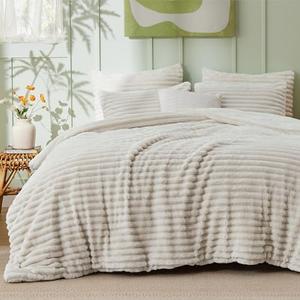 Bedsure Fluffy Comforter Set Full Size - Super Soft Faux Fur Bed Set Linen, Warm Plush Fleece Winter Bedding, 3 Pieces, 1 Shaggy Fuzzy All Seasons Full Size Comforter with 2 Pillowcases