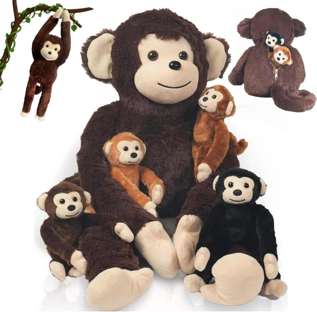 5 in 1 Monkey Stuffed Animal with Babies, Large Huggable Stuffed Monkey Plush Toy Mom and 4 Baby Stuffed Animal Monkeys Hanging Plush Doll Toy Monkeys for Kids Girls Boys Birthday