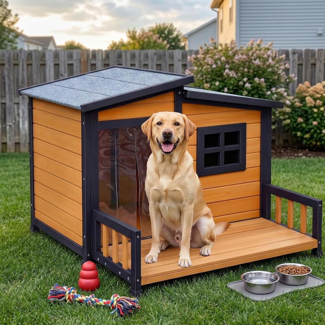 RUNSHED Insulated Outdoor Dog House for Small and Medium-Sized Dogs, Weatherproof Wooden Shelter with Elevated Floor & Ventilation, Easy Assembly (39.3 L x 37.5 W x 30 H)