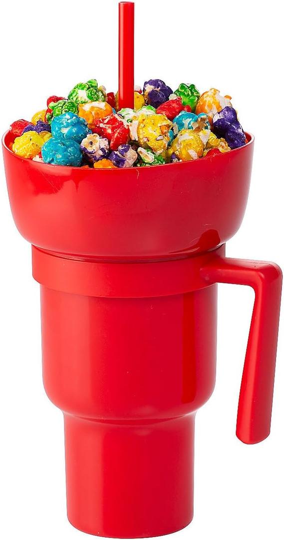 Fun Express 5 3/4" x 9" Snack & Drink 2-in-1 Combo Red Reusable Tumbler Cups - 3 Pieces, 32 Ounces