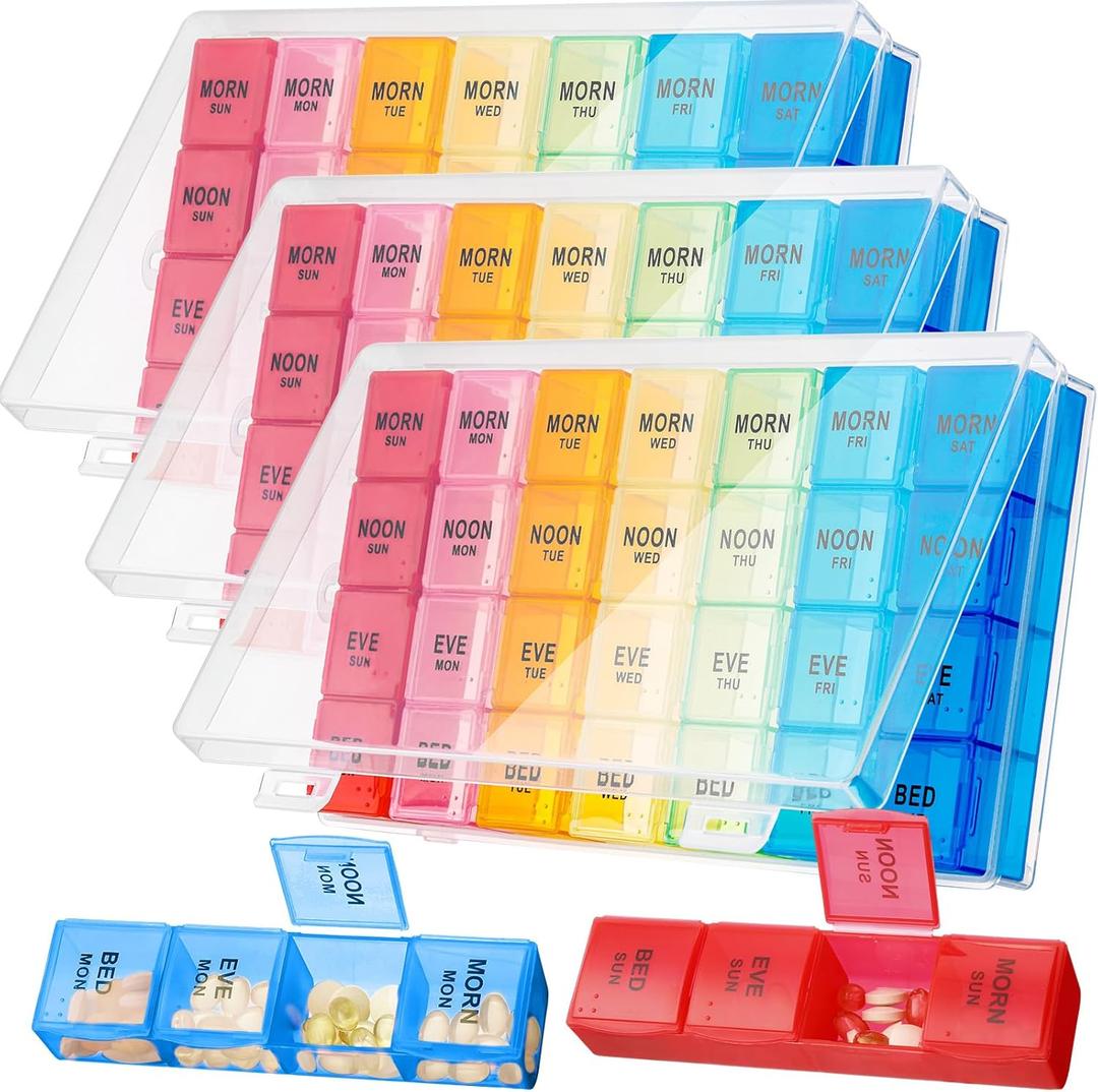 Dandat 3 Pack 10.2 inch Weekly Pill Organizer 4 Times a Day Pill Organizer 4 Times a Day Large Medicine Box Travel Daily Cases Holder 28 Days Dispenser for Hold Medicine Vitamins/Fish Oils