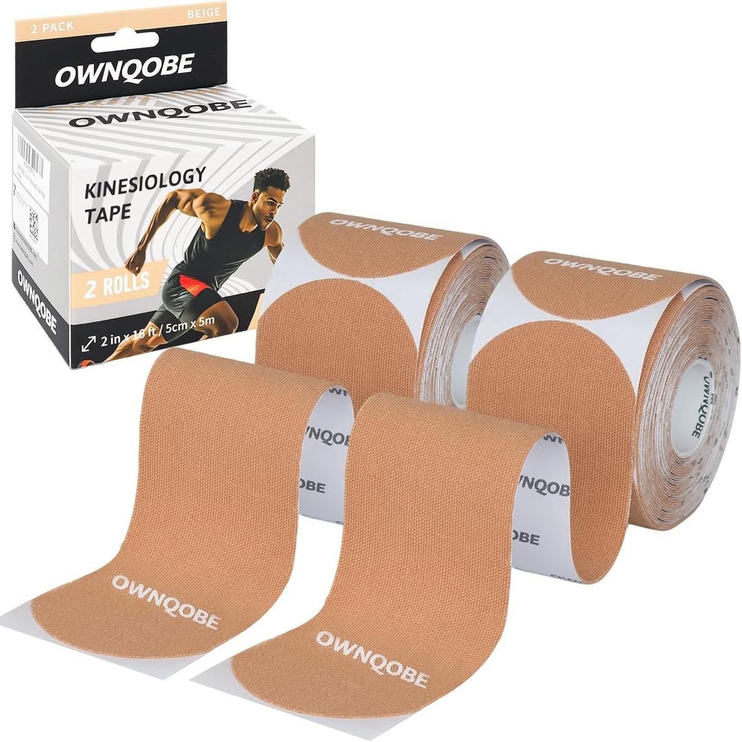 Kinesiology Tape Precut (2 Rolls, 40 Strips) Waterproof, Latex-Free Hypoallergenic Athletic Tape for Muscle & Joint Support Breathable Elastic Sports Tape for Recovery & Shoulder Pain Beige
