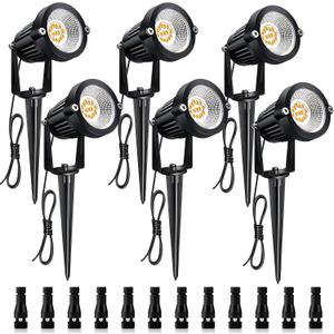 7W Low Voltage LED Landscape Lights with Connectors Outdoor 12V Super Warm White (900LM) Waterproof Garden Pathway Lights Wall Tree Flag Spotlights with Spike Stand (6 Pack with Connector)