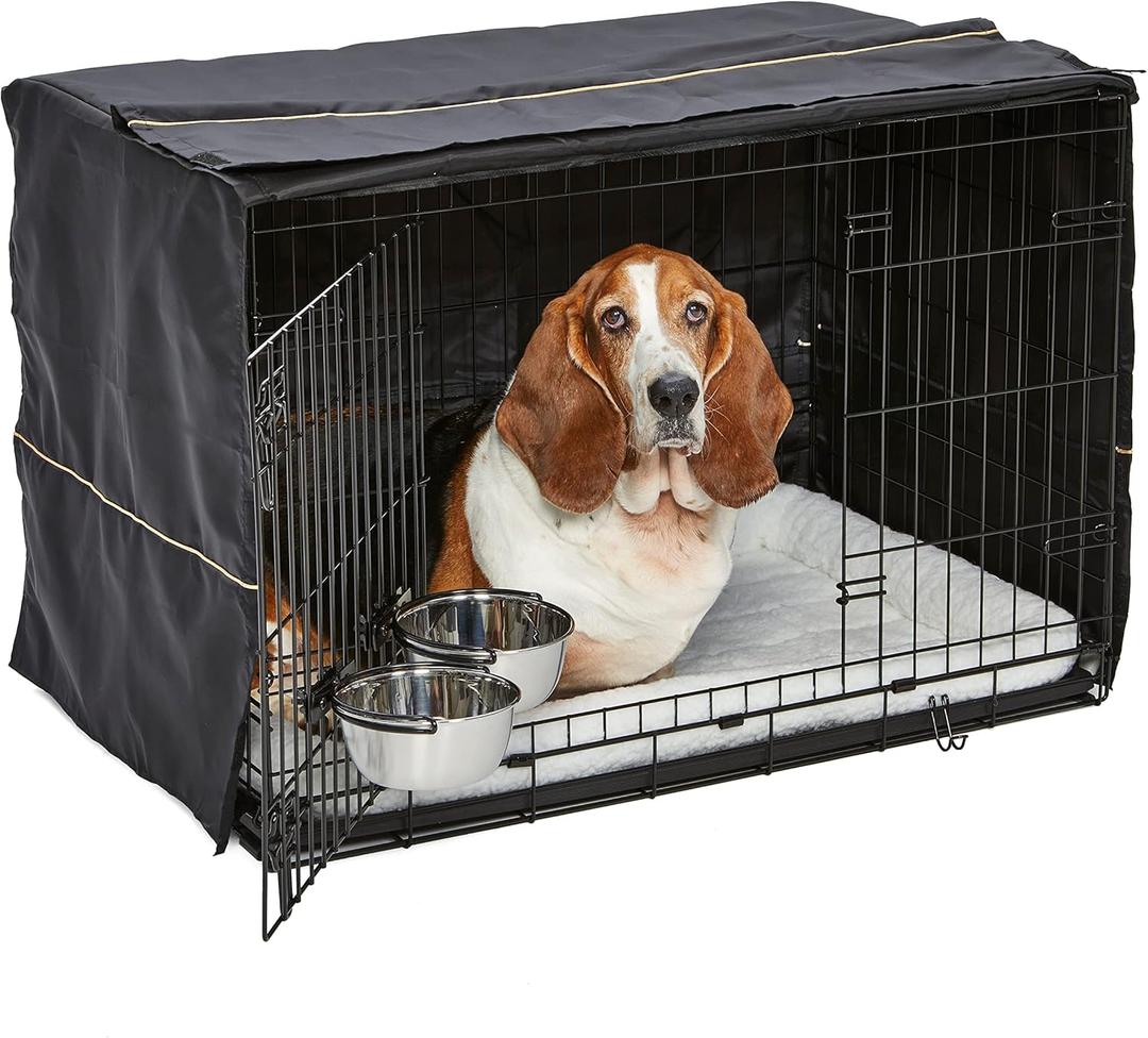 MidWest Homes for Pets Intermediate Double Door iCrate Starter Kit, 36-inch Dog Crate Bundle for Medium to Large Breeds, Includes Cage, Pet Bed, 2 Bowls and Privacy Cover (black)