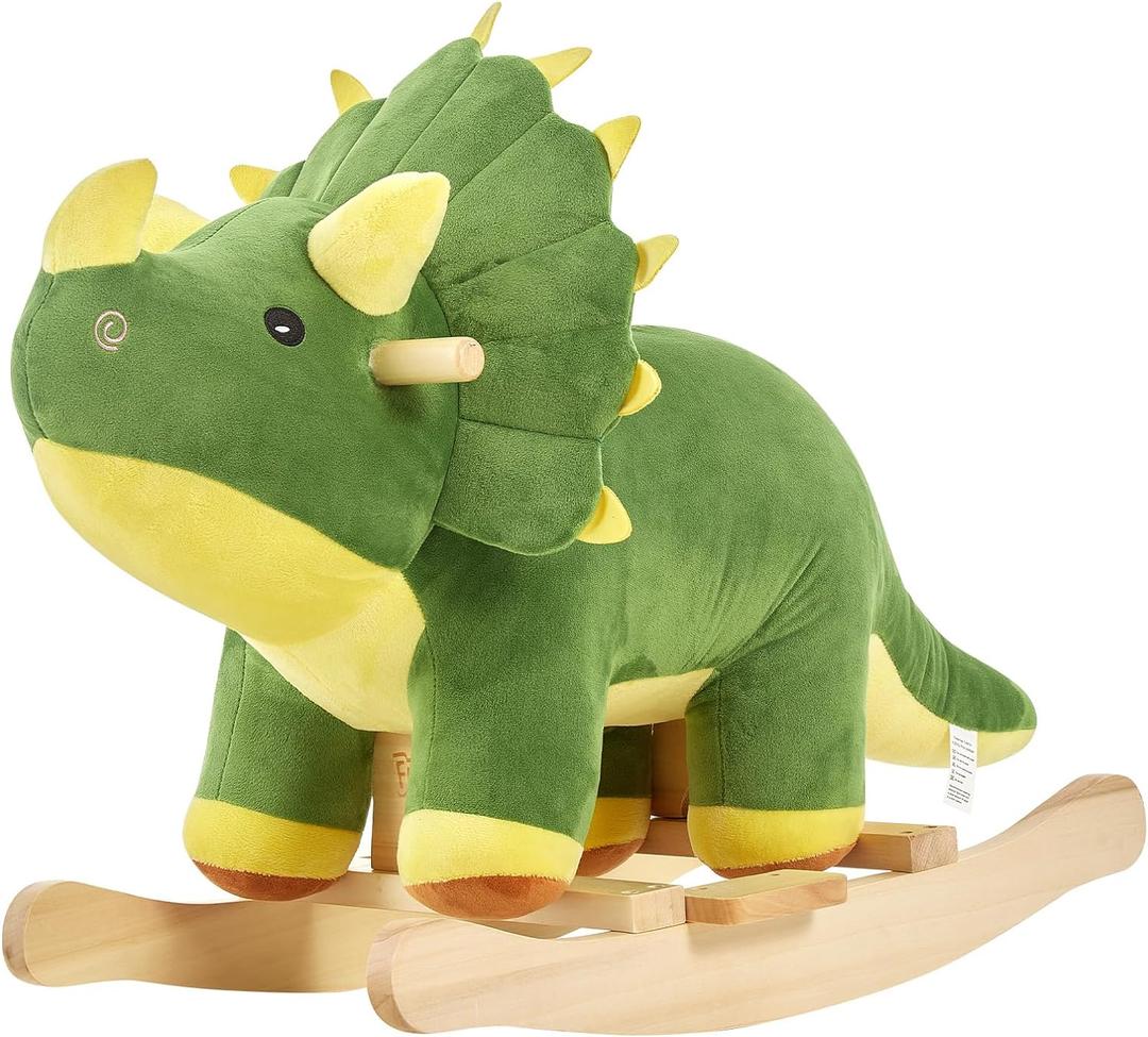 FUNLIO Dinosaur Baby Rocking Horse for Toddlers 1-3 Years, Mighty & Cute Green Plush Rocking Triceratops, Stuffed Ride-on Dinosaur Rocker, Easy to Assemble, CPC & CE Certified