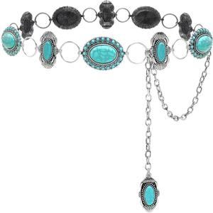 Turquoise Belt Silver Western Chain Belt, Cowgirl Concho Style with Turquoises Embellishment for Women Dresses and Jeans (Fits low waist 3640 (51 total), Statement Oval)