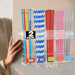 Aheroi 2 Pack Straw Holder, 9.5 Large Acrylic Straw Holder for Cabinet Door with 40pcs Label Stickers &15pcs Adhesive Tape, Reusable Sign Holders Organizer for Kitchen Accessories Storage