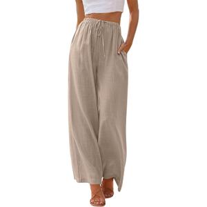LILLUSORY Women's Linen Summer Palazzo Pants Flowy Wide Leg Beach Pants with Pockets, Large