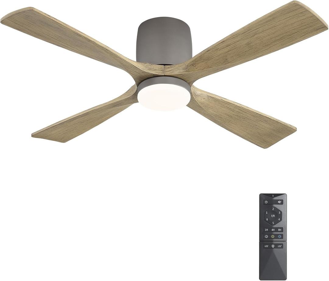 WINGBO 48 inch Flush Mount Ceiling Fan with Lights,Modern Ceiling Fan with Remote,Hugger Ceiling Fans,4 Wood Blades, Quiet 6-Speed DC Motor Low Profile Ceiling Fan, Graphite Finish with Gray Blade