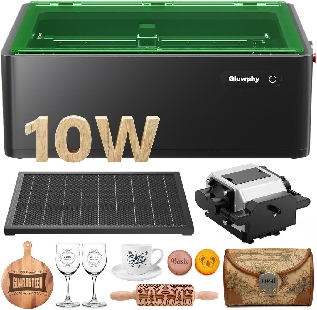 Gluwphy Laser Engraver Machine 10000mW(10W) Enclosed Diode Laser Cutter for Beginner, Class 1 Safety Laser Engraving Machine for Wood, Metal, Acrylic, with Air Assist, Honeycomb, Air Filter, Black