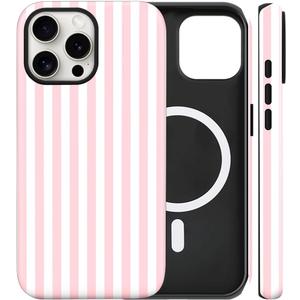 Magnetic for iPhone 14 Plus Case Cute Stripes Phone Case, Shockproof Slim TPU and Hard PC Protective Phone Cover Compatible with MagSafe Designed for Women Girls, Pink and White
