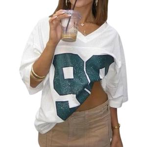Oversized Jersey Women Summer Tops 2024 Grunge Graphic Tees Y2k Streetwear Short Sleeve Shirts (XL)