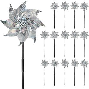MorTime 15 Pack Reflective Pinwheels with Stakes, 18.5" Plastic Bird Blinder Sparkly Pin Wheel Scare Birds and Animals Away Spinner Pinwheels for Lawn Yard Garden Farm