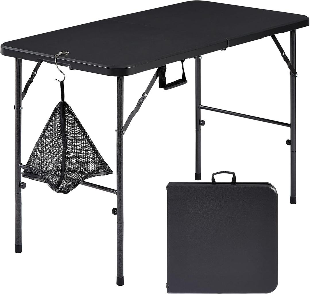 VECELO Folding Table 4 Foot with Mesh Bag, Indoor Outdoor Heavy-Duty Portable w/Handle, Fold-in-Half for Picnic, Party, Camping, Matte Black, 47.2 in Rectangular Folding Table