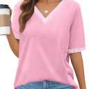 MEROKEETY Women's 2025 Short Sleeve V Neck Tee Tops Summer Color Block Loose Casual T Shirts (Pink, S)