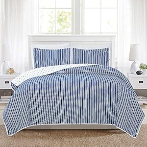 3 Piece Reversible Quilt Set with Shams | All-Season Soft & Lightweight Bedspread with Modern Striped Pattern | Nora Collection (Full/ Queen, White/ Navy)